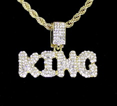 Iced King Rhinestone Pendant 24&quot; Rope Chain 14k Gold Plated Hip Hop Fashion - £7.56 GBP