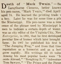 1910 Mark Twain Death Notice Obituary Samuel Clemens Ephemera News Print Ad - £59.50 GBP