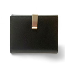 PRADA Saffiano Leather Short Tri-ford Wallet Flap Logo Black Women Authentic - £62.85 GBP