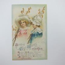 Easter Postcard Two Girls Pink &amp; Blue Dress White Bonnets Embossed Antique - £8.00 GBP