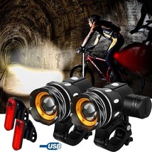 15000Lm Led Mtb Bicycle Lights Bike Front+Red Rear Headlight Usb Recharg... - £29.09 GBP