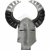 Medieval Crusader Great Viking Horn Helmet Knight Sca Larp Steel Helmet Gift - £115.18 GBP