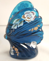 Fenton Art Glass Blue Floral Butterfly Figurine Hand Painted USA Artist Signed - £88.25 GBP