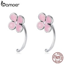 bamoer Pink Flower Ear Hook 925 Silver Mini Flower Stud Earrings Piercing for Wo - £15.83 GBP