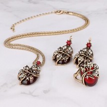 3Pcs Red Oval Crystal Flower Jewelry Sets  Antique Gold Vintage Ring Ear... - $14.19