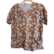 Dickies Women&#39;s brown celery red light blue scrub top Large L floral - $14.85