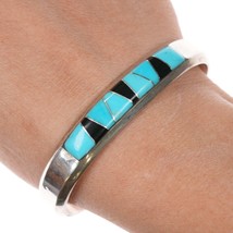 6 3/8&quot; M Native American Sterling, turquoise, and jet cuff bracelet - £129.36 GBP