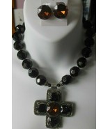 Vintage Massive Heavy Black / Amber Multi-Faceted Glass Necklace &amp; Earrings - $116.75 CAD
