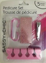 5 Pc Sassy + Chic Pedicure Set-NIP Pumice, Brush, Clippers &amp; Toe Separaters-Pink - £9.40 GBP