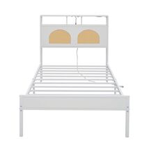 Twin Bed Frame w/ LED, Charging, Rattan Headboard, No Box Spring, White - $130.99