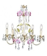  ANTIQUE SHABBY CHIC CHANDELIER OF  PASTEL FLORAL WITH DANGLING CRYSTALS... - £400.46 GBP