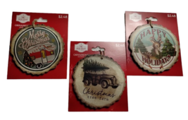 Holiday Time Faux Wood 4 in Christmas Ornaments 3 Pack Vintage Look Wood Ring - £8.96 GBP