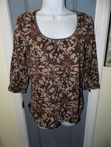 Apostrophe Antropologie 3/4 Sleeve Floral Brown Stretch Shirt Size M (10/12) - $18.25