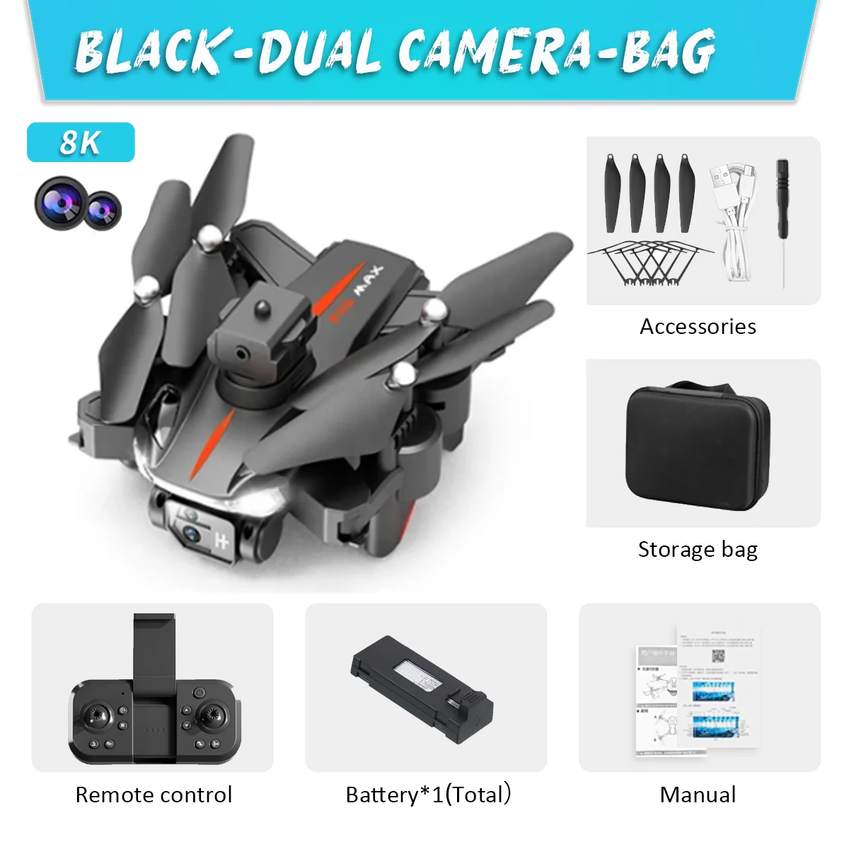 KBDFA P11S Drone: 8K HD Camera, 360° Obstacle Avoidance (Black-DC-8K-1B) - $47.00