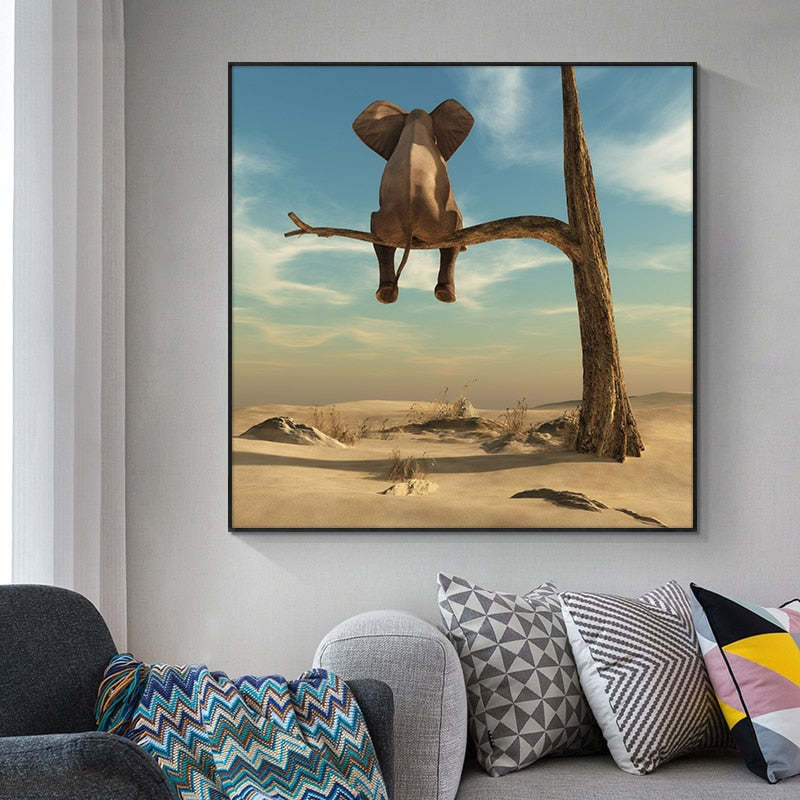 Kids Room Funny Little Elephant on Tree Modern HQ Canvas Print Painting Wall Art Item image 3