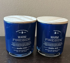 2 Scentsational Warm Fireside Candle Blue Glass Jar 11 Oz  Soy Blend HTF Rare - $64.99