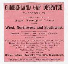 Original 1890's Cumberland Gap Despatch Railroad Ad Via Norfolk Virginia - $21.75