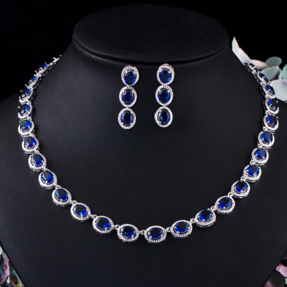 CWWZircons White Gold Color Round Royal Blue Cubic Zircon Crystal Big Necklace a - £28.61 GBP