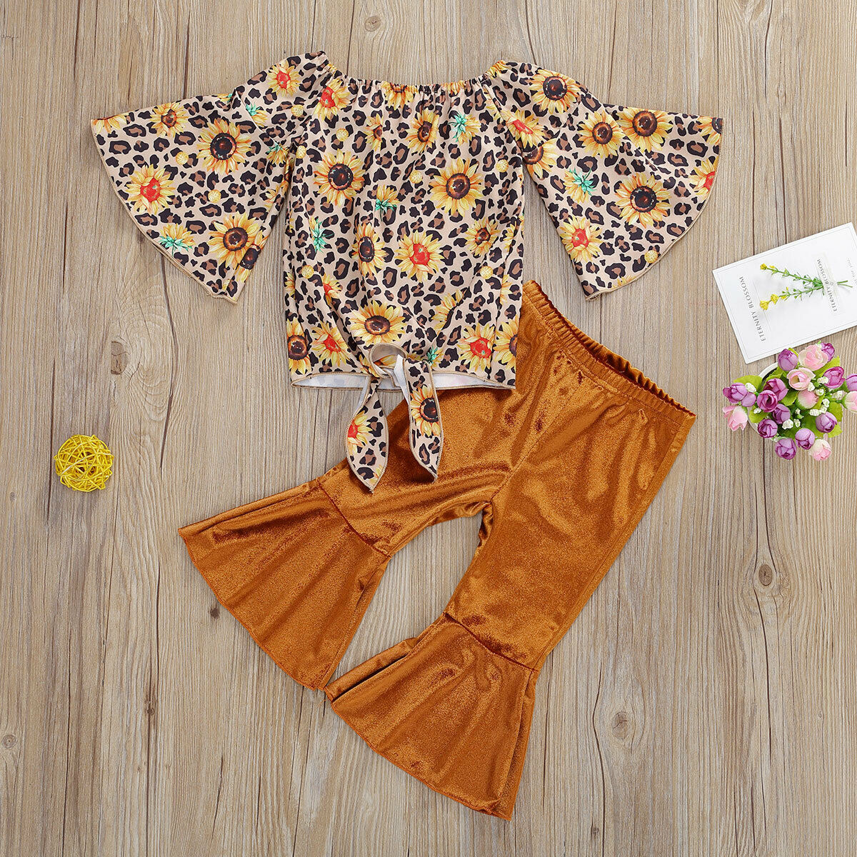 Primary image for NWT Sunflower Leopard Tie Shirt Bell Pants Girls Outfit Set 3T 4T 5T 6