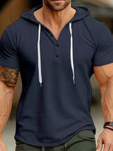 Men&#39;s Full Size Drawstring Short Sleeve Hooded Top Plus Size - $32.49