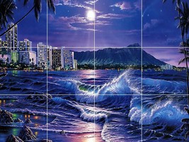 Moonlight tropical beach sea at night city skyline ceramic tile mural backsplash - £46.92 GBP+