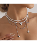 Heart-shaped Zircon Double Chain Tassel Design Collarbone Chain Crystal ... - $23.57 CAD