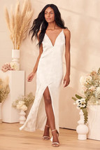 Lulus Promise My Passion White Satin Jacquard Maxi Dress V Neck Floral M - $48.23