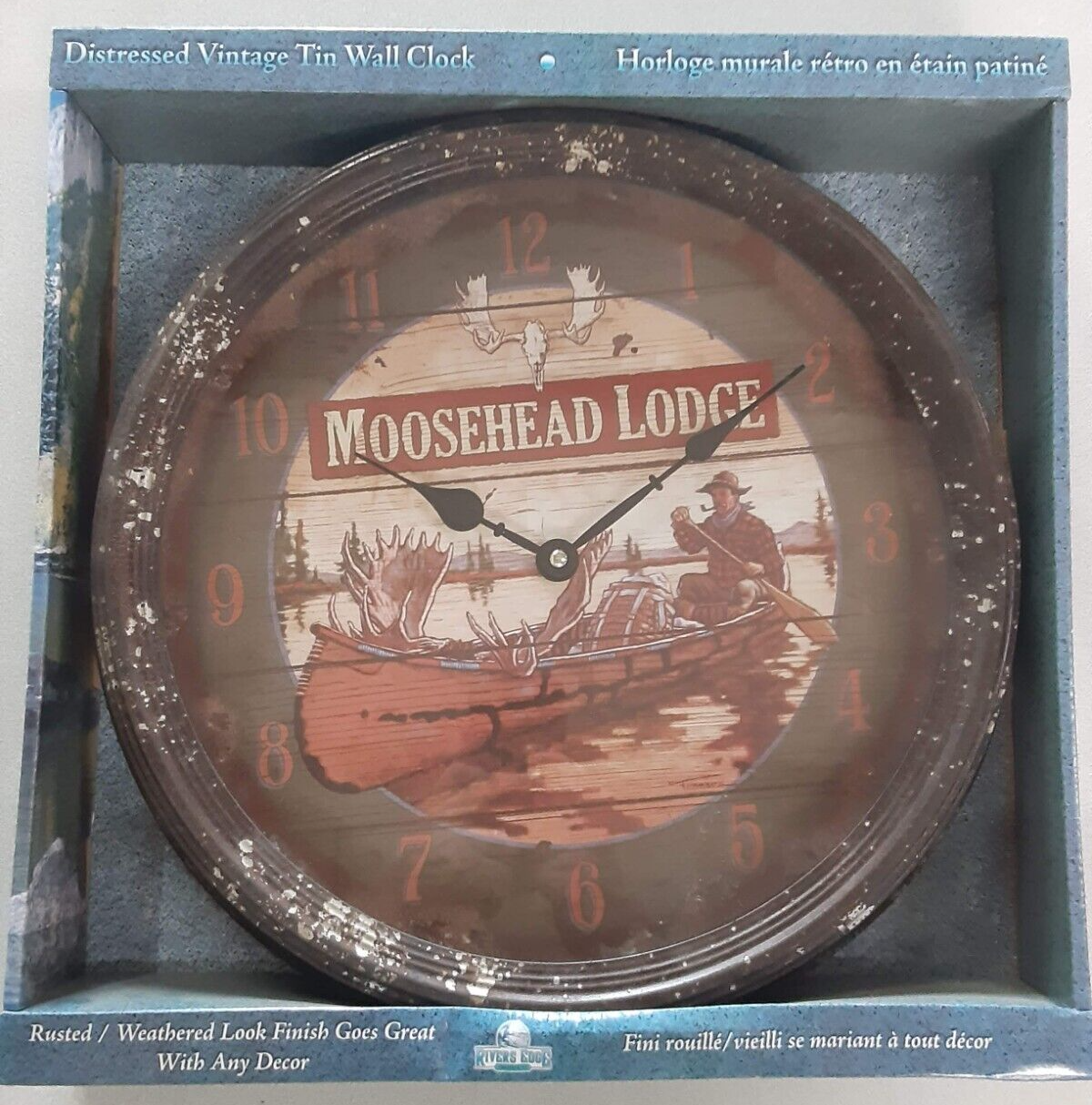 Rivers Edge Products Distressed Vintage Tin Wall Clock Moosehead Lodge #1035 NIB - $39.97