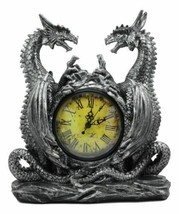 Gothic Twin Dragons Table Clock Statue With Roman Numerals In Metallic Look 11&quot;H - £32.47 GBP