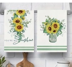 Adorable 2-Piece Sunflower Green &amp; White Sunflowers Towels ~ NEW ~ - £7.56 GBP