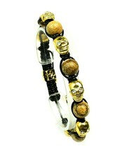 Crystal Agate Beaded Gold Tone Skull Bracelet Adjustable - £14.08 GBP