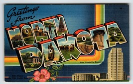 Greetings From North Dakota Large Big Letter Linen Postcard Unposted Vintage - £8.74 GBP