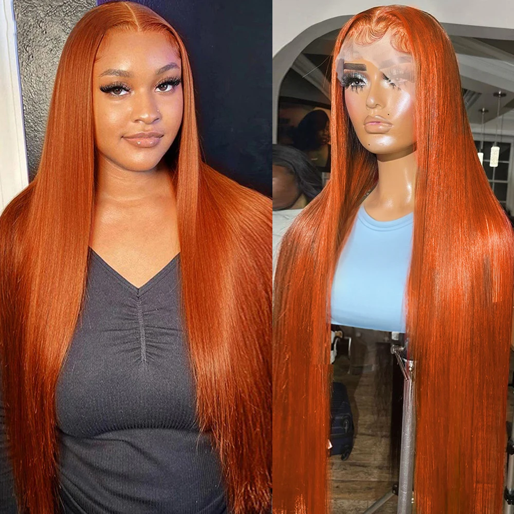 30 Inch Orange Ginger Lace Front Human Hair Wig 13x4 Bone Straight Lace Front - £77.88 GBP+