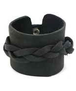 Black Leather Snap Button Short Bracelet with a Braided Design - $10.88