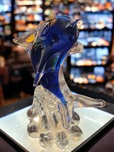 Cobalt and Clear Glass Leaping Dolphin On Wave Figurine Paperweight 7&quot; China - £26.22 GBP