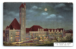 Postcard St. Louis Missouri Union Station Train Depot Cars Moonlight Night View  - £5.14 GBP