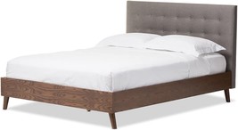 Mid-Century Retro Modern Fabric Upholstered Walnut Wood Platform Bed, Full, - $283.96