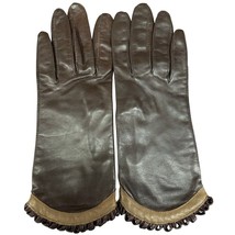 VTG Brown Leather Gloves w/ Contrasting Tan &amp; Scallop Cuff Womens Sz 7 - $30.29