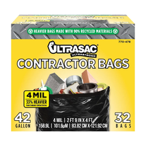 Extra Heavy Duty Contractor Bags - 42 Gallon, 4 Mil (32 Pack W/Ties) - 33&quot; X 48&quot; - $47.64