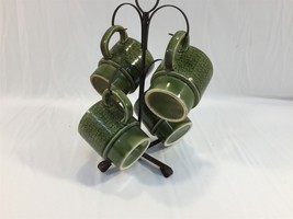 (4) Vintage Green Ceramic Coffee Mugs Made in Japan With Hanging Stand MCM - £23.42 GBP