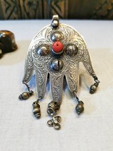 Old Khamsa amulet Hand-carved Silver pendant decorated red beads| Khamsa... - $159.00