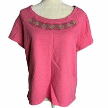 Hannah Short Sleeve Embroidered Sweatshirt M Pink Studded Crew Neck Retro - £14.54 GBP