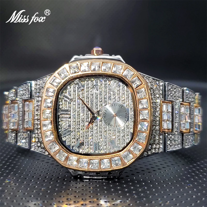 Men&#39;s Diamond Watch with Double Dial Classic Square Ice Out Large Men Wr... - $73.65