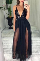  Sexy Deep V Neck Black Sequin Floor Length Prom Dress - £118.30 GBP
