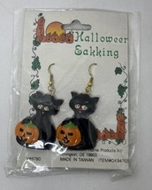 Vintage Drop Dangling Black Cat Jack O Lantern Pumpkin Earrings Halloween Theme - £10.50 GBP