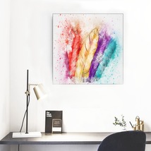 Watercolor Rainbow Feathers Framed Mural 16&#39; X 16&#39; Art Piece Wall Art Ho... - £31.49 GBP
