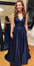 Deep V Neck Dark Blue Long Satin Prom Dress Spaghetti Straps Women Evening Dress - £119.10 GBP