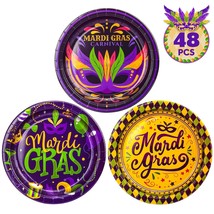 48Pcs Mardi Gras Plates 9In Carnival Paper Plates Mask Purple Green Yellow Plaid - £19.65 GBP