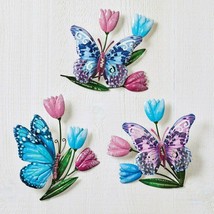 Set of 3 Butterflies &amp; Flowers 3-Dimensional Metal Hanging Home/Garden W... - £68.73 GBP