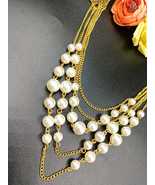 Five layered faux pearl necklace with gold toned chain For Wonen &amp; girls - £28.68 GBP
